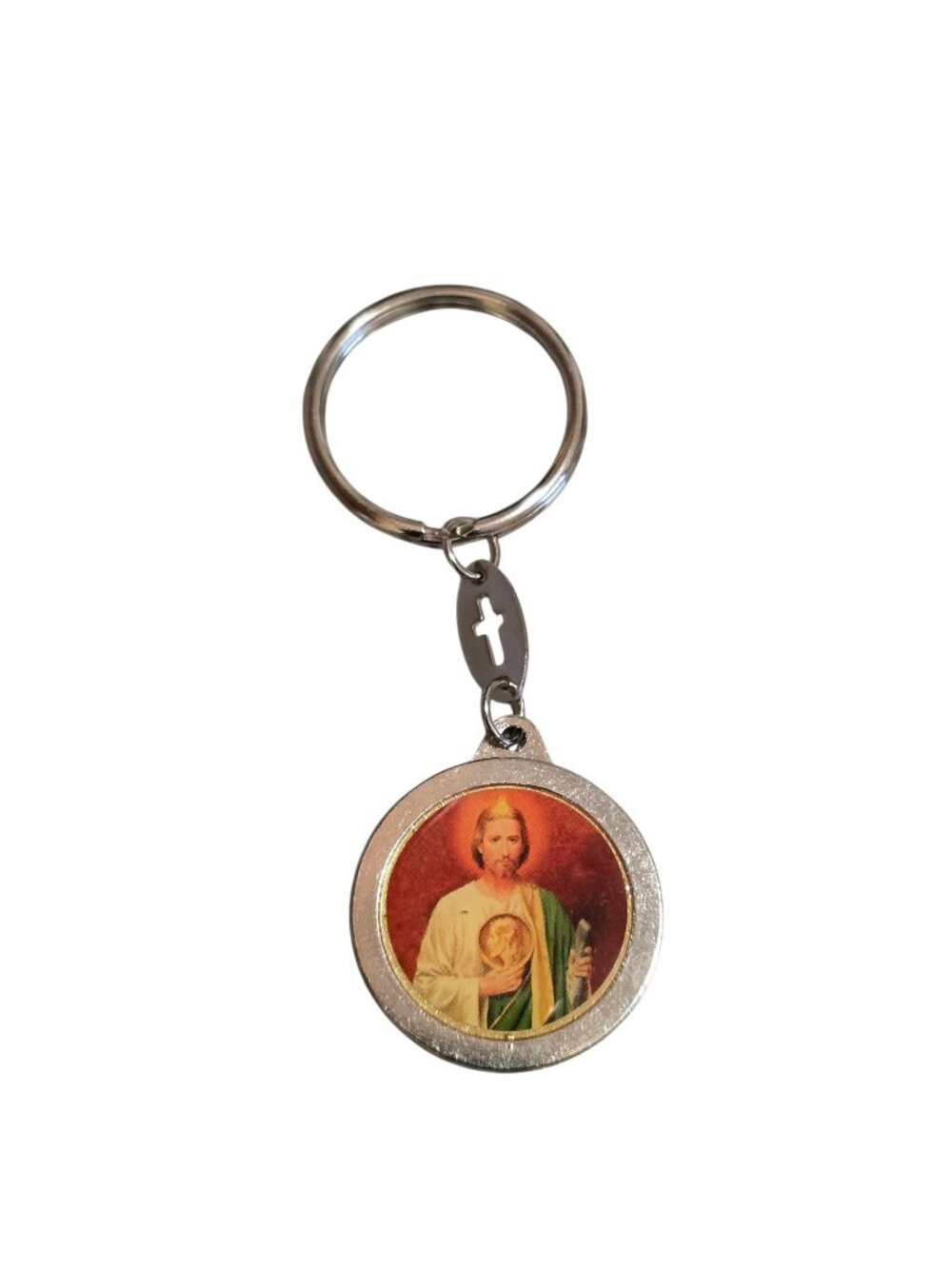 St Saint Jude Silver Tone Blessed Relic Medal Key Chain Ring Patron of Hope 3.5"